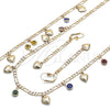 Oro Laminado Necklace, Bracelet and Earring, Gold Filled Style Heart and Evil Eye Design, Multicolor Resin Finish, Golden Finish, 06.213.0011