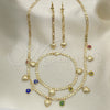 Oro Laminado Necklace, Bracelet and Earring, Gold Filled Style Heart and Evil Eye Design, Multicolor Resin Finish, Golden Finish, 06.213.0011