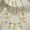 Oro Laminado Necklace, Bracelet and Earring, Gold Filled Style Dolphin and Evil Eye Design, Multicolor Resin Finish, Golden Finish, 06.213.0012