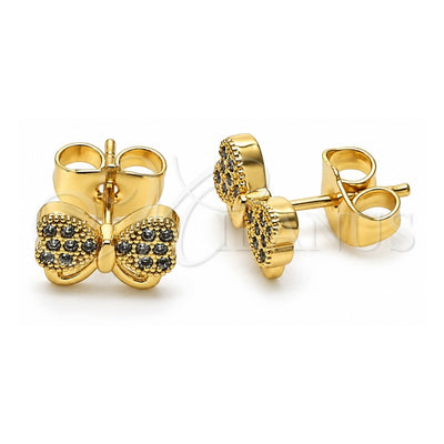 Oro Laminado Stud Earring, Gold Filled Style Bow Design, with White Micro Pave, Polished, Golden Finish, 02.210.0664