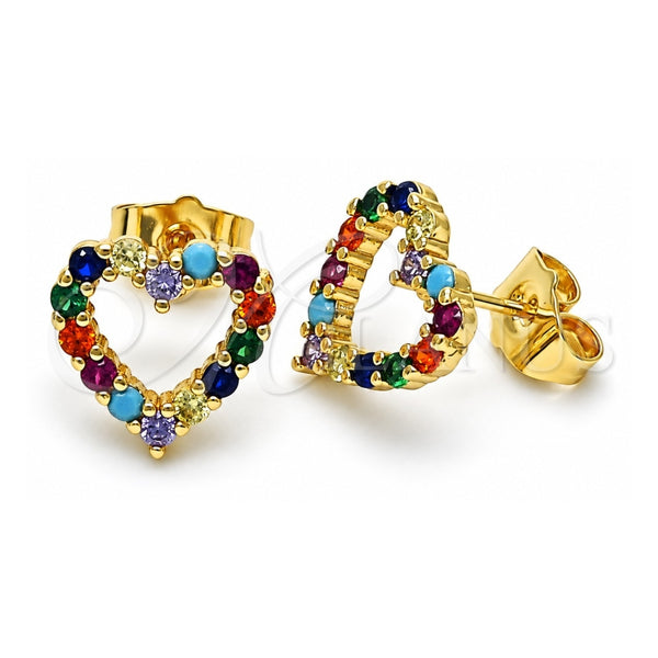 Oro Laminado Stud Earring, Gold Filled Style Heart Design, with Multicolor Cubic Zirconia, Polished, Golden Finish, 02.210.0665.1