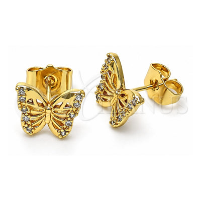 Oro Laminado Stud Earring, Gold Filled Style Butterfly Design, with White Micro Pave, Polished, Golden Finish, 02.210.0666