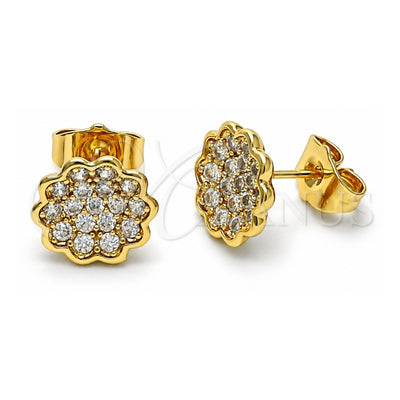 Oro Laminado Stud Earring, Gold Filled Style Flower Design, with White Micro Pave, Polished, Golden Finish, 02.210.0668