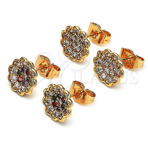 Oro Laminado Stud Earring, Gold Filled Style Flower Design, with White Micro Pave, Polished, Golden Finish, 02.210.0668