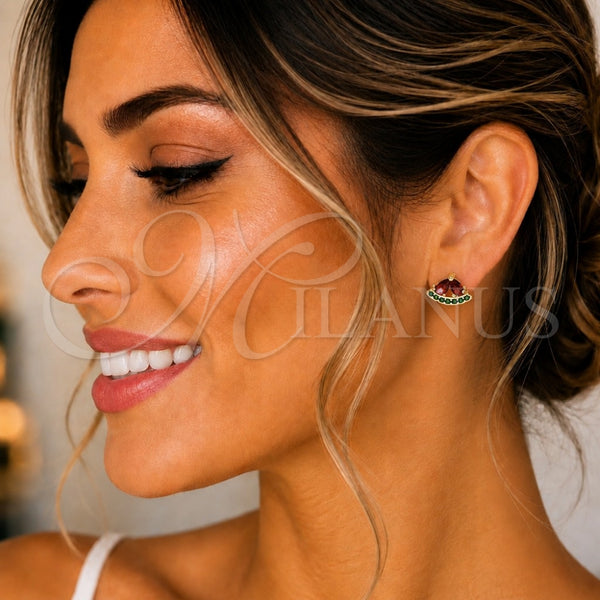 Oro Laminado Stud Earring, Gold Filled Style Watermelon Design, with Garnet and Green Cubic Zirconia, Polished, Golden Finish, 02.210.0672