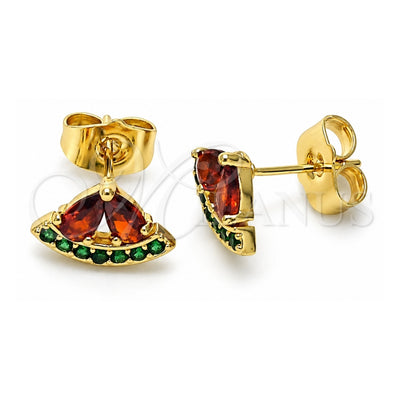 Oro Laminado Stud Earring, Gold Filled Style Watermelon Design, with Garnet and Green Cubic Zirconia, Polished, Golden Finish, 02.210.0672