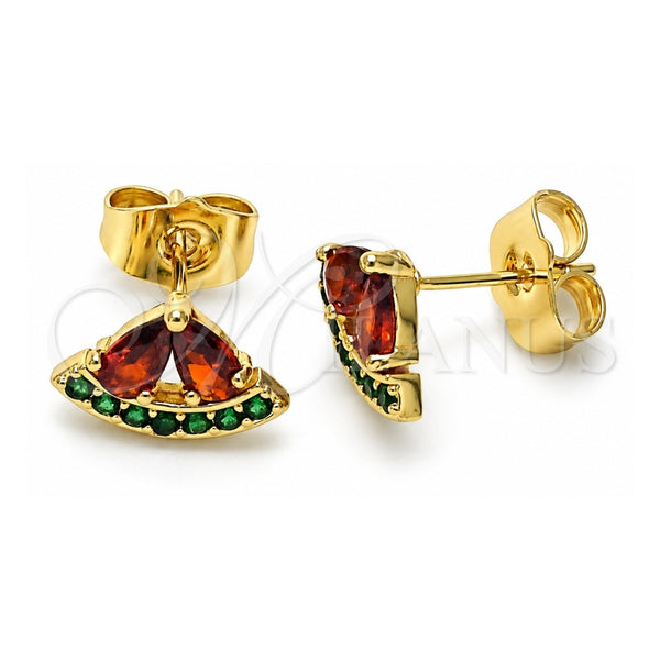 Oro Laminado Stud Earring, Gold Filled Style Watermelon Design, with Garnet and Green Cubic Zirconia, Polished, Golden Finish, 02.210.0672