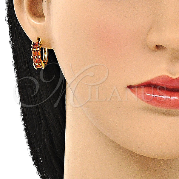 Gold Filled Hoop Earrings — Huggie Hoop Baguette Design with Garnet Cubic Zirconia — alternate product view — SKU 147887 | Oro Laminado aretes de aro — Huggie Hoop Baguette diseño with Garnet Cubic Zirconia — SKU 147887