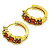 Oro Laminado Huggie Hoop, Gold Filled Style Baguette Design, with Garnet Cubic Zirconia, Polished, Golden Finish, 02.210.0673.2.15