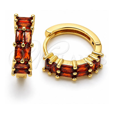 Oro Laminado Huggie Hoop, Gold Filled Style Baguette Design, with Garnet Cubic Zirconia, Polished, Golden Finish, 02.210.0673.2.15
