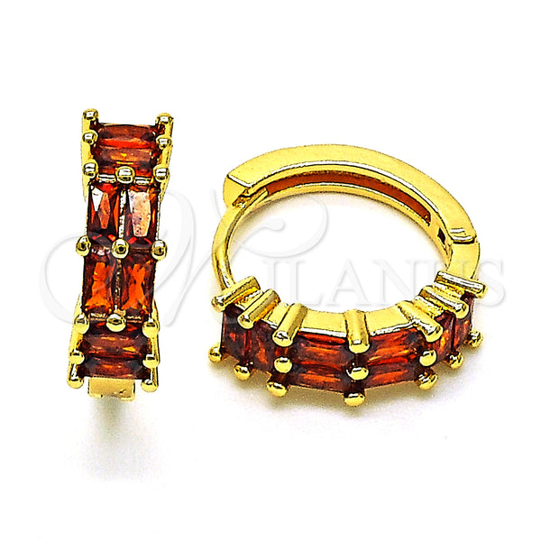 Gold Filled Hoop Earrings — Huggie Hoop Baguette Design with Garnet Cubic Zirconia — main product view — SKU 147887 | Oro Laminado aretes de aro — Huggie Hoop Baguette diseño with Garnet Cubic Zirconia — SKU 147887