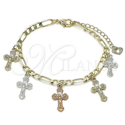Oro Laminado Charm Bracelet, Gold Filled Style Crucifix Design, Polished, Tricolor, 03.351.0150.07 (05 MM Thickness, 7 Inches Length)