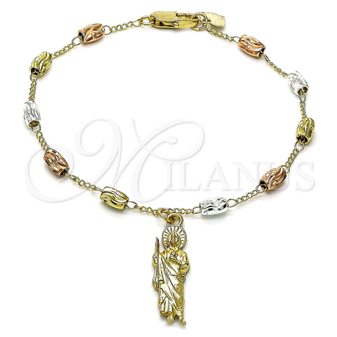 Oro Laminado Charm Bracelet, Gold Filled Style San Judas Design, Diamond Cutting Finish, Tricolor, 03.351.0156.08 (04 MM Thickness, 8 Inches Length)