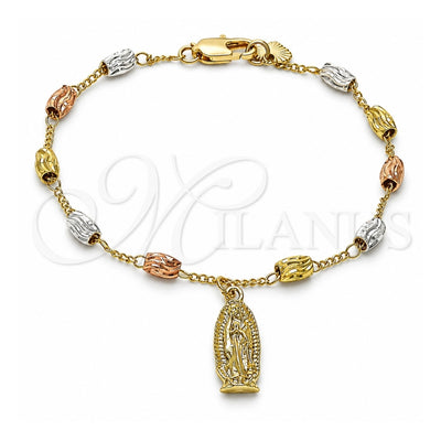 Oro Laminado Charm Bracelet, Gold Filled Style Guadalupe Design, Diamond Cutting Finish, Tricolor, 03.351.0157.08 (04 MM Thickness, 8 Inches Length)
