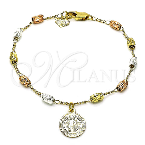 Oro Laminado Charm Bracelet, Gold Filled Style San Benito Design, Diamond Cutting Finish, Tricolor, 03.351.0158.08 (04 MM Thickness, 8 Inches Length)