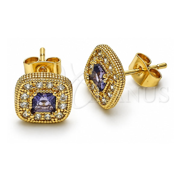Oro Laminado Stud Earring, Gold Filled Style with Amethyst Cubic Zirconia and White Micro Pave, Polished, Golden Finish, 02.344.0082.3