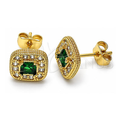 Oro Laminado Stud Earring, Gold Filled Style Cluster Design, with Green Cubic Zirconia and White Micro Pave, Polished, Golden Finish, 02.344.0082.4