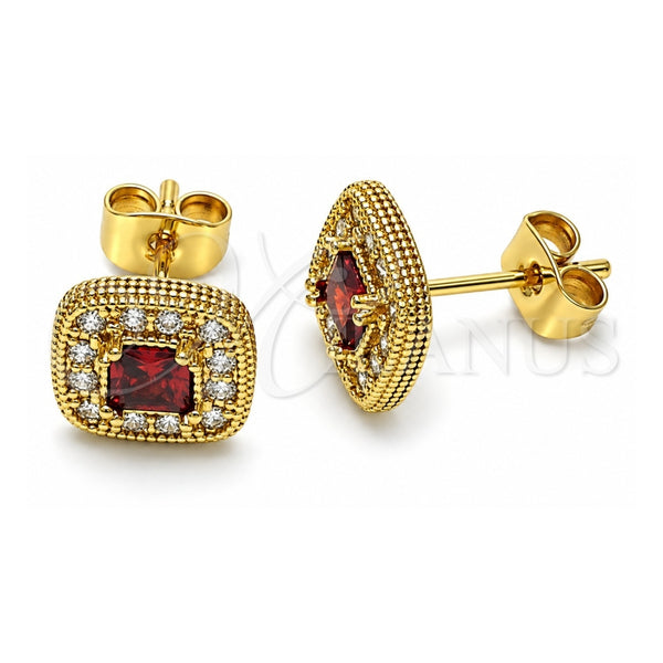 Oro Laminado Stud Earring, Gold Filled Style with Garnet Cubic Zirconia and White Micro Pave, Polished, Golden Finish, 02.344.0082.6
