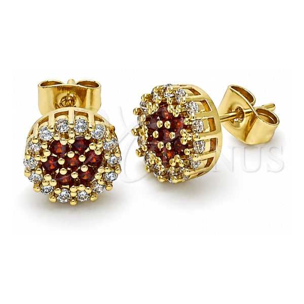 Oro Laminado Stud Earring, Gold Filled Style Flower Design, with Garnet and White Cubic Zirconia, Polished, Golden Finish, 02.344.0076.6
