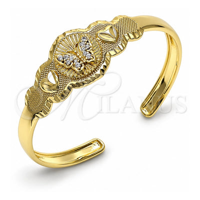 Oro Laminado Individual Bangle, Gold Filled Style Butterfly and Heart Design, with White Cubic Zirconia, Polished, Golden Finish, 07.253.0029 (05 MM Thickness, One size fits all)