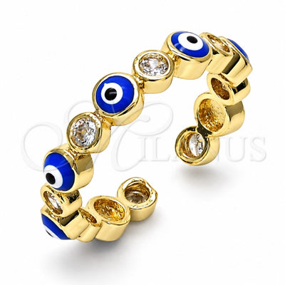 Oro Laminado Multi Stone Ring, Gold Filled Style Evil Eye Design, with White Cubic Zirconia, Blue Enamel Finish, Golden Finish, 01.253.0041 (One size fits all)