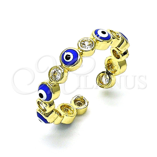 Oro Laminado Multi Stone Ring, Gold Filled Style Evil Eye Design, with White Cubic Zirconia, Blue Enamel Finish, Golden Finish, 01.253.0041 (One size fits all)