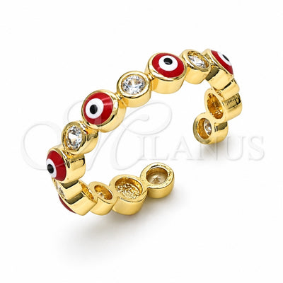 Oro Laminado Multi Stone Ring, Gold Filled Style Evil Eye Design, with White Cubic Zirconia, Red Enamel Finish, Golden Finish, 01.253.0041.1 (One size fits all)