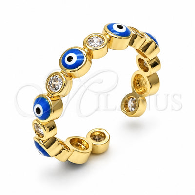 Oro Laminado Multi Stone Ring, Gold Filled Style Evil Eye Design, with White Cubic Zirconia, Azul claro Enamel Finish, Golden Finish, 01.253.0041.2 (One size fits all)