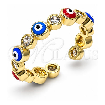 Oro Laminado Multi Stone Ring, Gold Filled Style Evil Eye Design, with White Cubic Zirconia, Multicolor Enamel Finish, Golden Finish, 01.253.0041.3 (One size fits all)