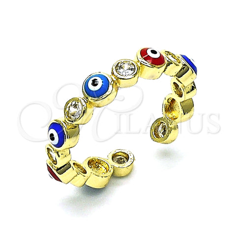 Oro Laminado Multi Stone Ring, Gold Filled Style Evil Eye Design, with White Cubic Zirconia, Multicolor Enamel Finish, Golden Finish, 01.253.0041.3 (One size fits all)