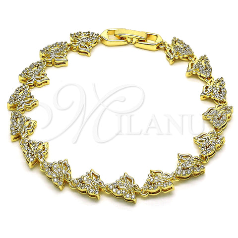 Oro Laminado Fancy Bracelet, Gold Filled Style Butterfly Design, with White Micro Pave, Polished, Golden Finish, 03.210.0153.07 (09 MM Thickness, 7 Inches Length)