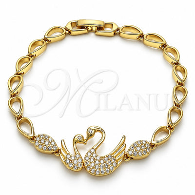 Oro Laminado Fancy Bracelet, Gold Filled Style Swan and Teardrop Design, with White Micro Pave, Polished, Golden Finish, 03.283.0147.07 (05 MM Thickness, 7 Inches Length)