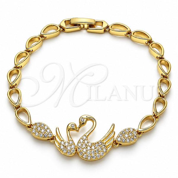 Oro Laminado Fancy Bracelet, Gold Filled Style Swan and Teardrop Design, with White Micro Pave, Polished, Golden Finish, 03.283.0147.07 (05 MM Thickness, 7 Inches Length)