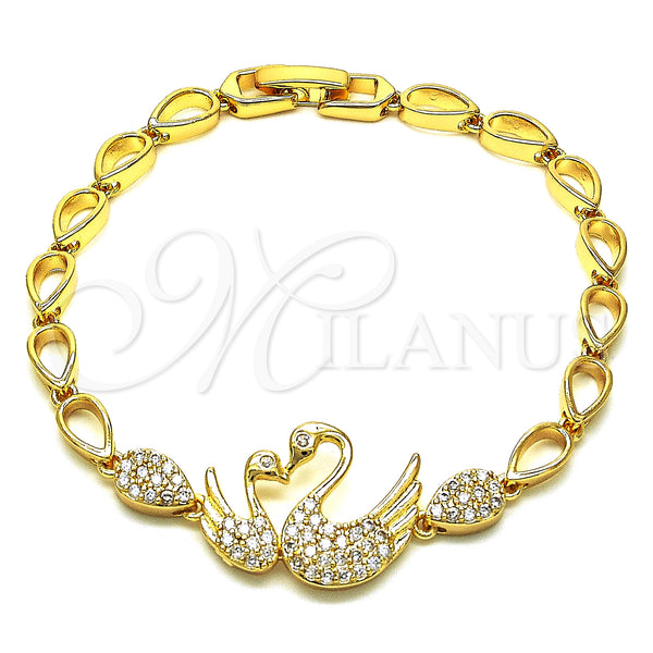 Oro Laminado Fancy Bracelet, Gold Filled Style Swan and Teardrop Design, with White Micro Pave, Polished, Golden Finish, 03.283.0147.07 (05 MM Thickness, 7 Inches Length)