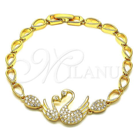 Oro Laminado Fancy Bracelet, Gold Filled Style Swan and Teardrop Design, with White Micro Pave, Polished, Golden Finish, 03.283.0147.07 (05 MM Thickness, 7 Inches Length)