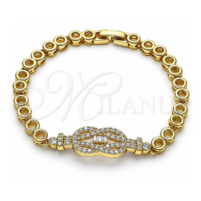 Oro Laminado Fancy Bracelet, Gold Filled Style Baguette Design, with White Cubic Zirconia and White Micro Pave, Polished, Golden Finish, 03.283.0149.07 (06 MM Thickness, 7 Inches Length)