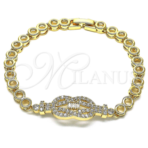 Oro Laminado Fancy Bracelet, Gold Filled Style Baguette Design, with White Cubic Zirconia and White Micro Pave, Polished, Golden Finish, 03.283.0149.07 (06 MM Thickness, 7 Inches Length)