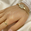 Oro Laminado Fancy Bracelet, Gold Filled Style Heart Design, with White Micro Pave, Polished, Golden Finish, 03.283.0157.07 (05 MM Thickness, 7 Inches Length)