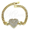 Oro Laminado Fancy Bracelet, Gold Filled Style Heart Design, with White Micro Pave, Polished, Golden Finish, 03.283.0157.07 (05 MM Thickness, 7 Inches Length)