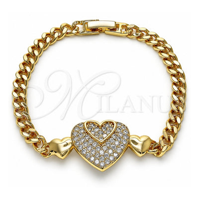 Oro Laminado Fancy Bracelet, Gold Filled Style Heart Design, with White Micro Pave, Polished, Golden Finish, 03.283.0157.07 (05 MM Thickness, 7 Inches Length)