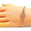 Oro Laminado Fancy Bracelet, Gold Filled Style Crown and Teardrop Design, with White Cubic Zirconia and White Micro Pave, Polished, Golden Finish, 03.283.0158.07 (04 MM Thickness, 7 Inches Length)