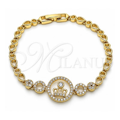 Oro Laminado Fancy Bracelet, Gold Filled Style Crown and Teardrop Design, with White Cubic Zirconia and White Micro Pave, Polished, Golden Finish, 03.283.0158.07 (04 MM Thickness, 7 Inches Length)
