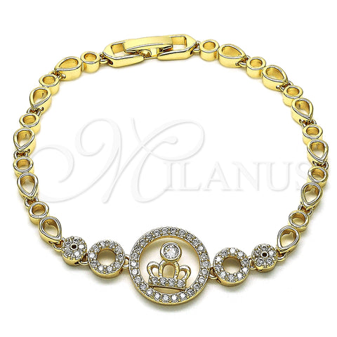 Oro Laminado Fancy Bracelet, Gold Filled Style Crown and Teardrop Design, with White Cubic Zirconia and White Micro Pave, Polished, Golden Finish, 03.283.0158.07 (04 MM Thickness, 7 Inches Length)