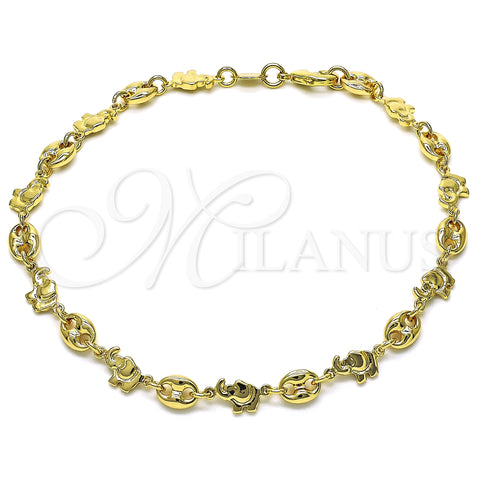 Oro Laminado Fancy Anklet, Gold Filled Style Elephant and Paperclip Design, Polished, Golden Finish, 03.326.0025.10 (06 MM Thickness, 10 Inches Length)