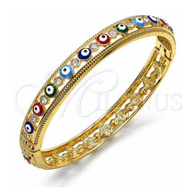 Oro Laminado Individual Bangle, Gold Filled Style Evil Eye Design, with White Crystal, Multicolor Enamel Finish, Golden Finish, 07.380.0001.2.05 (10 MM Thickness, Size 5 (2.50 Diameter))