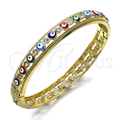 Oro Laminado Individual Bangle, Gold Filled Style Evil Eye Design, with White Crystal, Multicolor Enamel Finish, Golden Finish, 07.380.0001.2.05 (10 MM Thickness, Size 5 (2.50 Diameter))