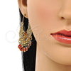 Oro Laminado Long Earring, Gold Filled Style Elephant and Evil Eye Design, with White and Black Crystal, Red Resin Finish, Golden Finish, 02.380.0103