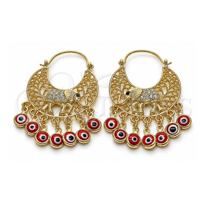 Oro Laminado Long Earring, Gold Filled Style Elephant and Evil Eye Design, with White and Black Crystal, Red Resin Finish, Golden Finish, 02.380.0103