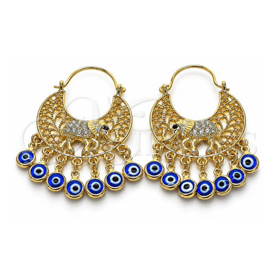 Oro Laminado Long Earring, Gold Filled Style Elephant and Evil Eye Design, with White and Black Crystal, Blue Resin Finish, Golden Finish, 02.380.0103.1