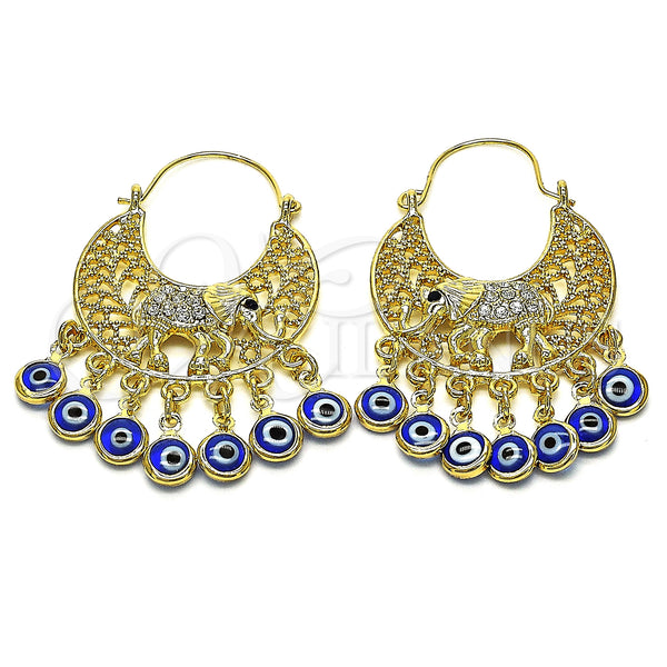 Oro Laminado Long Earring, Gold Filled Style Elephant and Evil Eye Design, with White and Black Crystal, Blue Resin Finish, Golden Finish, 02.380.0103.1